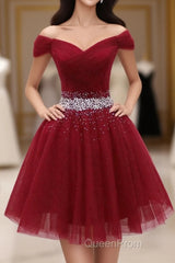 Burgundy Tulle Sequin Short Evening Prom Dresses, Burgundy Homecoming Dresses, 1