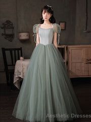 Gray Green Tulle Long Prom Dress Green Tulle Formal Dress