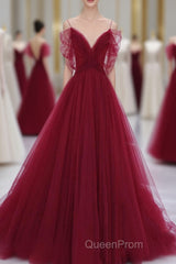 Wine Red Tulle V-Neckline Off Shoulder With Bow, Wine Red Tulle Long Evening Prom Dresses