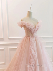 Pink Tulle Off The Shoulder A-Line Tulle Ruffles Floor-Length Evening Prom Dresses, Pink Long Party Dresses