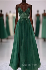 Green V-Neckline Beaded Tulle Floor Length Party Dresses, A-Line Green Evening Prom Dresses