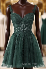 V-Neckline Dark Green Tulle With Lace Short Homecoming Dresses, Green Short Evening Prom Dresses
