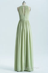 Sage Green Chiffon High Neck Long Bridesmaid Dresses
