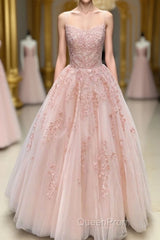 Lace Appliques Pink A LineTulle Long Evening Prom Dresses With Straps