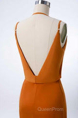 Burnt Orange Spaghetti Straps Long Bridesmaid Dresses with Slit