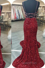 Mermaid Red Sequin V-Neck Lace-Up Back Evening Prom Dresses