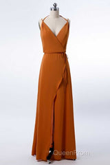 Burnt Orange Spaghetti Straps Long Bridesmaid Dresses with Slit