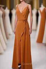 Burnt Orange Spaghetti Straps Long Bridesmaid Dresses with Slit