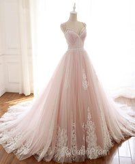 Pink Sweetheart Lace Tulle Long Evening Prom Dresses, Lace Pink Evening Dresses
