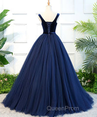 Dark Blue Tulle Long Evening Prom Dresses, Dark Blue Tulle Evening Dresses
