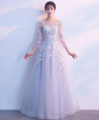 Gray Round Neck Tulle Lace Applique Long Prom Dress Gray Evening Dress