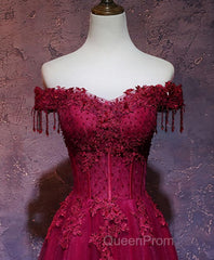 Burgundy Tulle Lace Off Shoulder Long Evening Prom Dresses, Burgundy Lace Evening Dresses