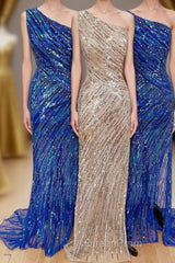 Sequins One-Shoulder Mermaid Long Evening Prom Dresses with Slit