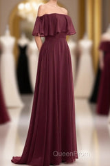 Burgundy Chiffon Strapless Ruffled A-Line Long Bridesmaid Dresses