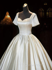 White Sweetheart Satin Long Bridal Dresses, White Wedding Dresses