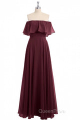 Burgundy Chiffon Strapless Ruffled A-Line Long Bridesmaid Dresses