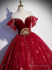 Burgundy Tulle Sequin Long Prom Dress, Burgundy Tulle Formal Dress