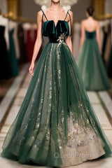 Green Tulle Lace Long Evening Prom Dresses, Green Tulle Lace Formal Dresses, 1