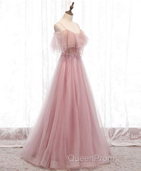 Pink Sweetheart Tulle Long Evening Prom Dresses, Pink Tulle Formal Dresses, 1