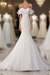 White Sequin Mermaid Long Evening Prom Dresses, White Wedding Dresses