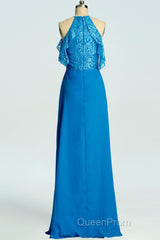 Blue A-line Lace and Chiffon Full Length Bridesmaid Dresses