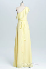 One Shoulder Yellow Ruffles A-line Long Bridesmaid Dresses