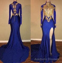 Charming African Royal Blue Side Slit Sheath Long Sleeves Prom Dresses