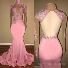 Alluring Pink Mermaid Long Sleeves Backless Elastic Satin Open Front High Neck 2025 Prom Dresses