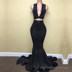 Sexy Mermaid Black V Neck Two Pieces Sequence Long Prom Dresses
