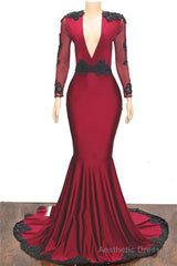 2025 Elegant Mermaid/Trumpet V Neck Long Sleeve Applique Beaded Backless Satin Prom Dresses