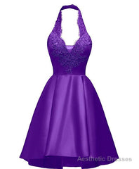 Halter Deep V Neck Satin Appliques Purple Backless Pleated A Line Homecoming Dresses