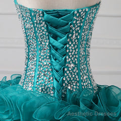 Ruffles Strapless Sweetheart Backless Rhinestone Organza Teal Homecoming Dresses