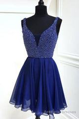 Chiffon A Line Royal Blue Deep V Neck Appliques Sparkle Sleeveless Homecoming Dresses
