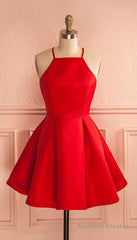 Sleeveless Red Halter Spaghetti Straps A Line Pleated Satin Short Homecoming Dresses