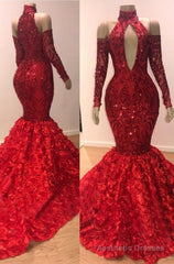 Charming Mermaid High Neck Red Long Sleeves Hollow Out Open Front Lace Prom Dresses 2025