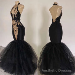 2025 Sexy Prom Dresses, Black Mermaid Tulle With Gold Appliques V Neck Backless