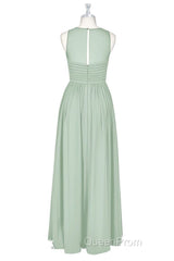Sage Green Chiffon Sheer Neck A-Line Long Bridesmaid Dresses