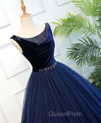 Dark Blue Tulle Long Evening Prom Dresses, Dark Blue Tulle Evening Dresses