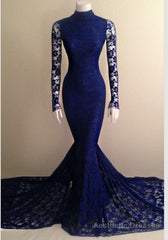 2025 Mermaid Long Sleeves Royal Blue Lace High Neck Long Prom Dress