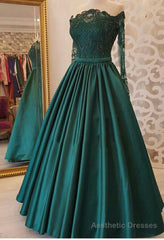 2025 A Line Dark Green Long Sleeves Off Shoulder Appliques Long Prom Dresses