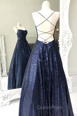Long Navy Blue Sequin Evening Prom Dresses