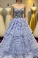 Periwinkle Lace Sweetheart Tiered Long Evening Prom Dresses with Ruffles