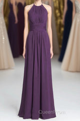 Purple Halter A-line Pleated Long Bridesmaid Dresses