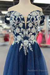 Navy Blue Floral Applique Lace-Up A-Line Long Prom Dress