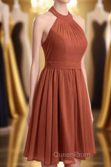 Rust Orange Chiffon Halter Backless A-Line Short Bridesmaid Dresses