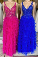 Fuchsia Layers Floral Tulle A-line Long Evening Prom Dresses