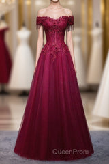 Burgundy Tulle Lace Off Shoulder Long Evening Prom Dresses, Burgundy Lace Evening Dresses