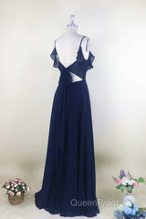 Navy Blue Chiffon Cold-Shoulder A-Line Long Bridesmaid Dresses