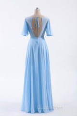 Flutter Sleeves Blue Chiffon A-line Long Bridesmaid Dresses