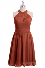 Rust Orange Chiffon Halter Backless A-Line Short Bridesmaid Dresses